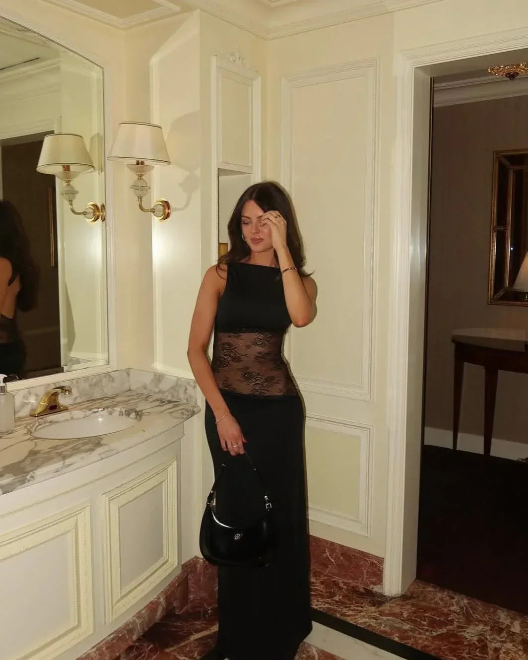 Aaliyah | Robe Maxi dos Nu en Dentelle Sans Manches pour Femme