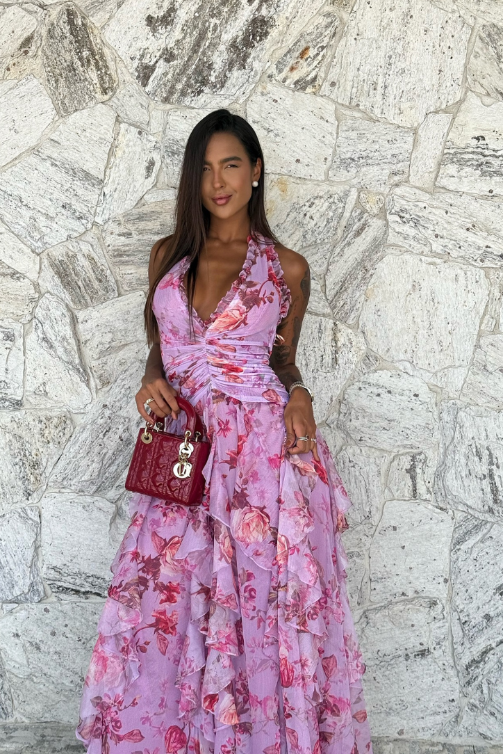 Coral | Robe Longue Florale à Volants Sans Manches pour Invitée de Mariage