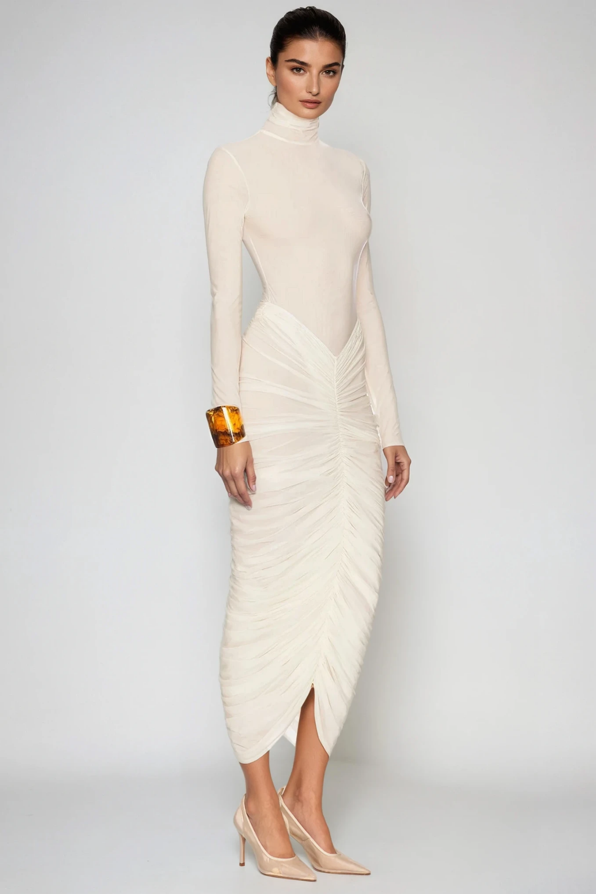 Dahlia | Robe Midi Moulante à Col Montant et Fronces pour Femme