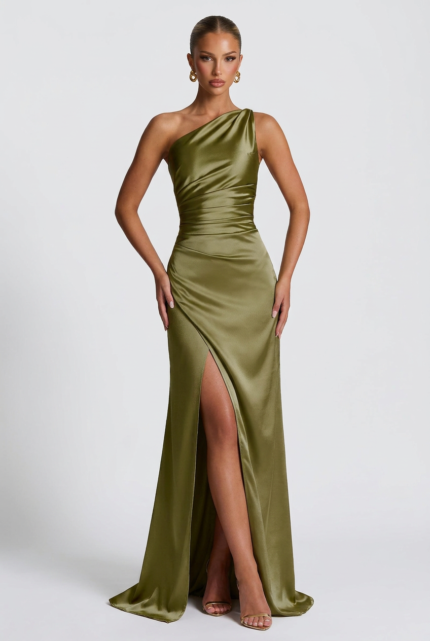 Daphne | Robe de Bal Maxi en Satin à une Épaule Avec Fente pour Femme