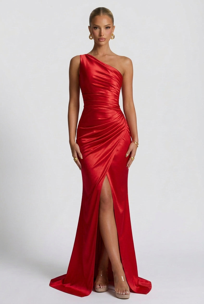 Daphne | Robe de Bal Maxi en Satin à une Épaule Avec Fente pour Femme
