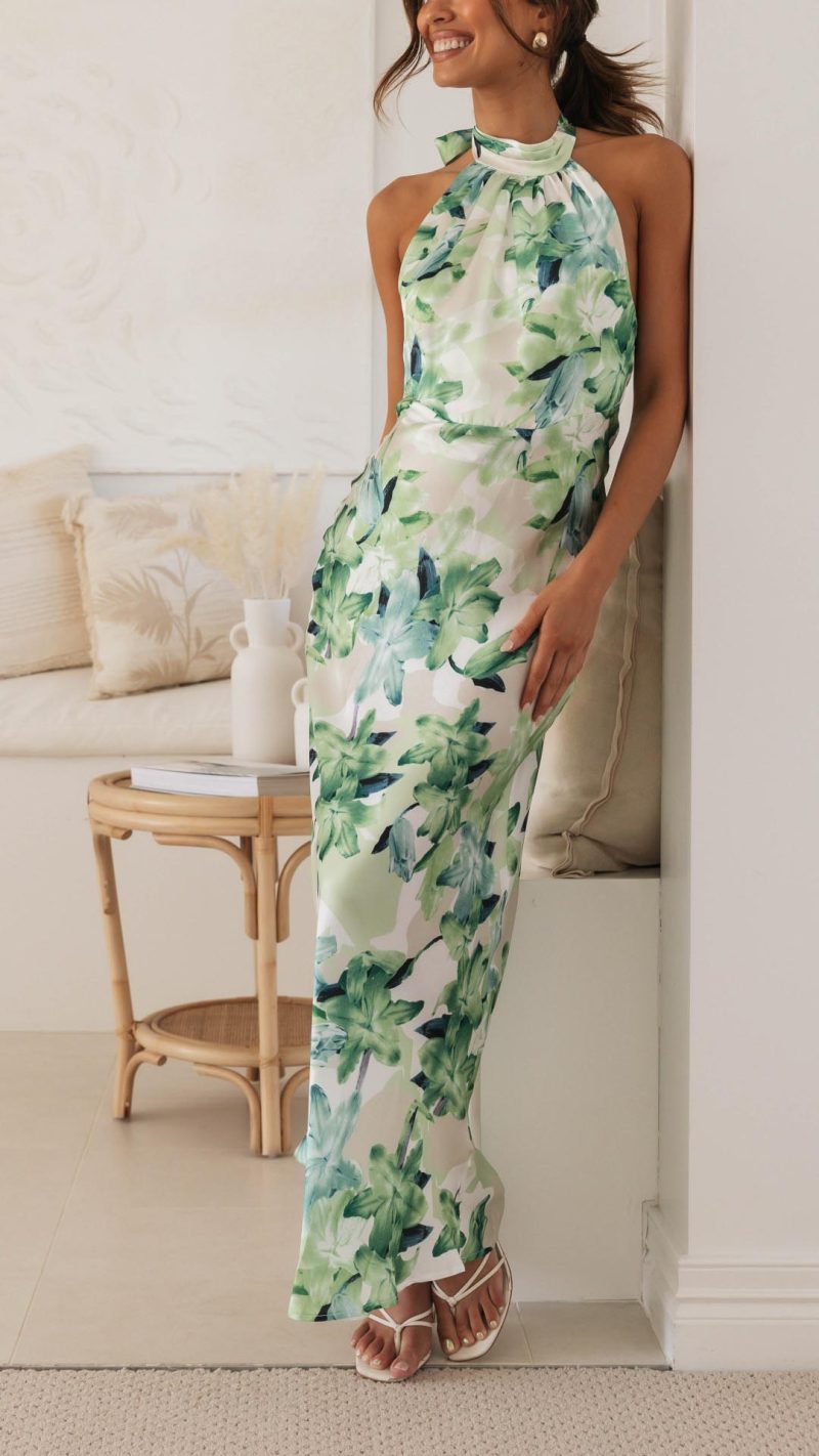 Ember | Robe Longue Fleurie à Licou et dos Nu pour Femme