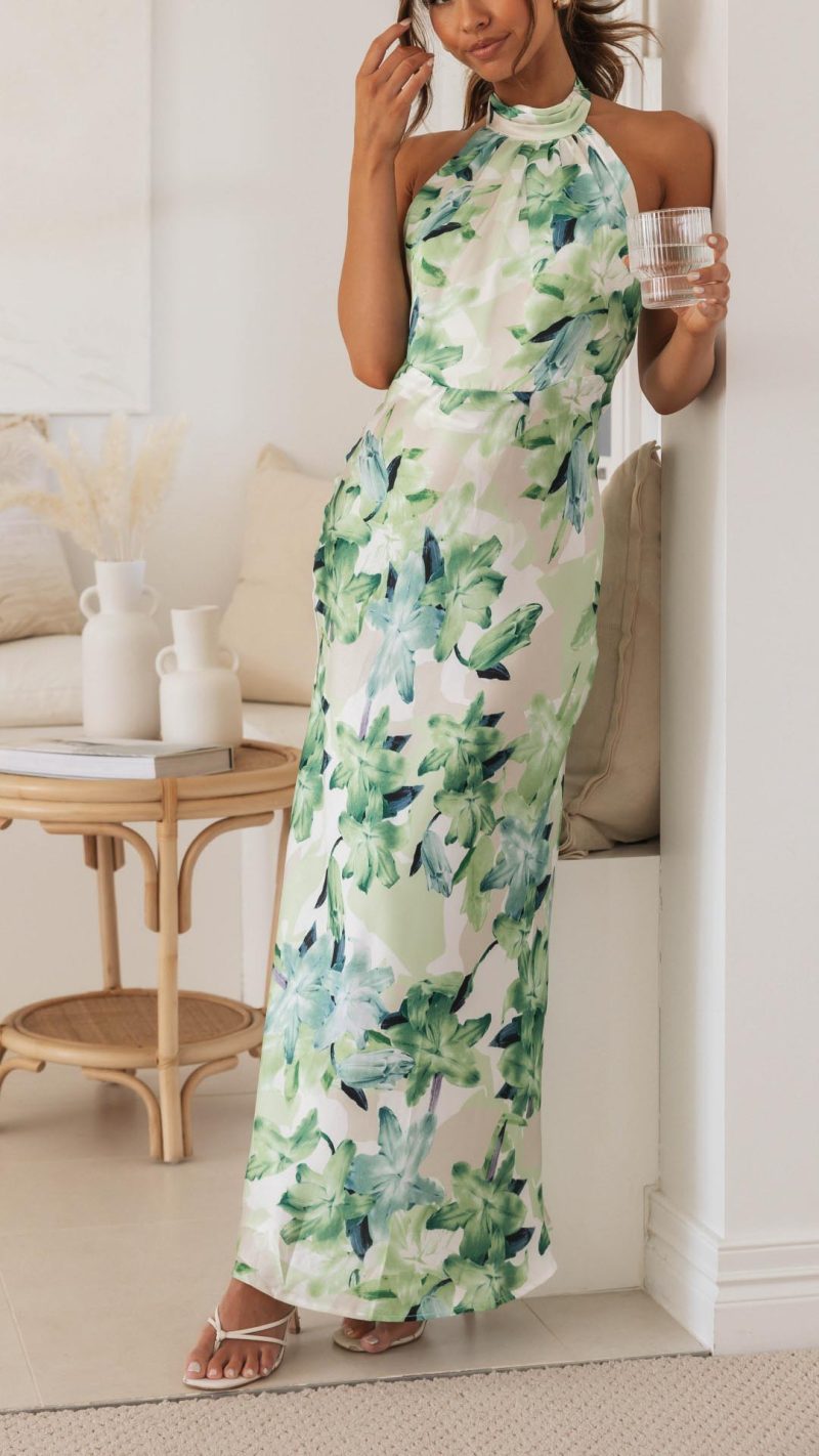 Ember | Robe Longue Fleurie à Licou et dos Nu pour Femme
