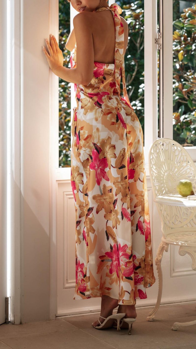 Ember | Robe Longue Florale dos Nu à Licou pour Femme
