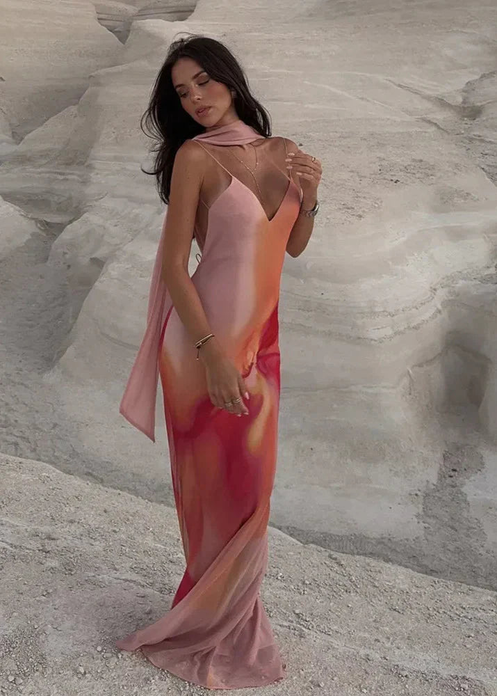 Fayah | Robe Longue en Satin à Imprimé Dégradé et dos Nu pour Femme