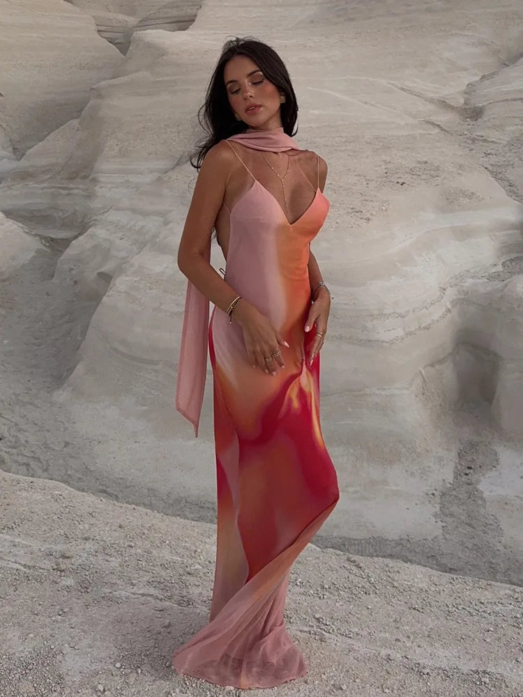 Fayah | Robe Longue en Satin à Imprimé Dégradé et dos Nu pour Femme