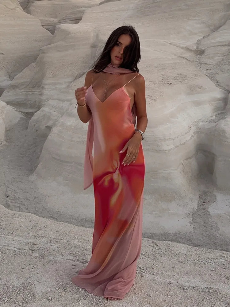 Fayah | Robe Longue en Satin à Imprimé Dégradé et dos Nu pour Femme