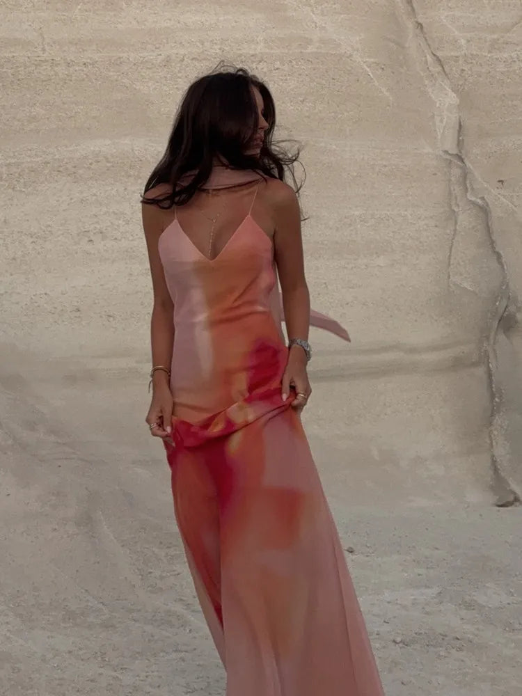 Fayah | Robe Longue en Satin à Imprimé Dégradé et dos Nu pour Femme