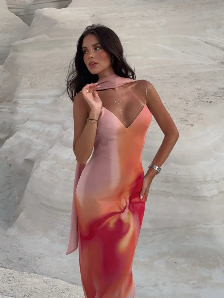 Fayah | Robe Longue en Satin à Imprimé Dégradé et dos Nu pour Femme