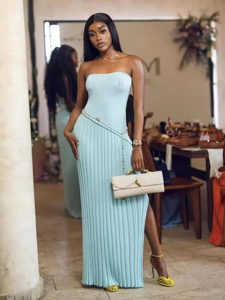Isadora | Robe Longue D'Été en Maille Sans Bretelles Avec Fente Latérale pour Femme