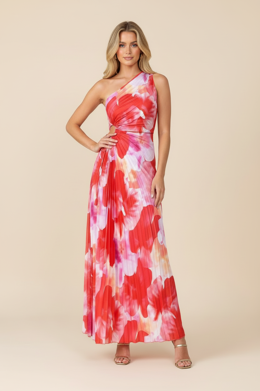 Juniper | Robe Maxi Plissée Asymétrique Fleurie pour Invitée de Mariage