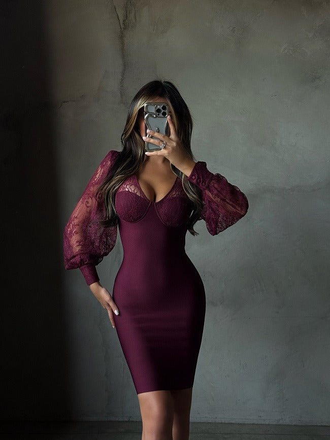 Kate | Robe Mini à Manches Ballons Longues en Dentelle pour Femme