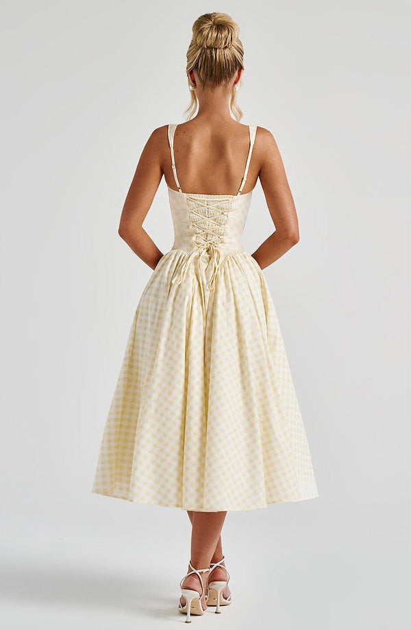 Kaydence | Robe Midi à Carreaux Vichy et Encolure Carrée Sans Manches