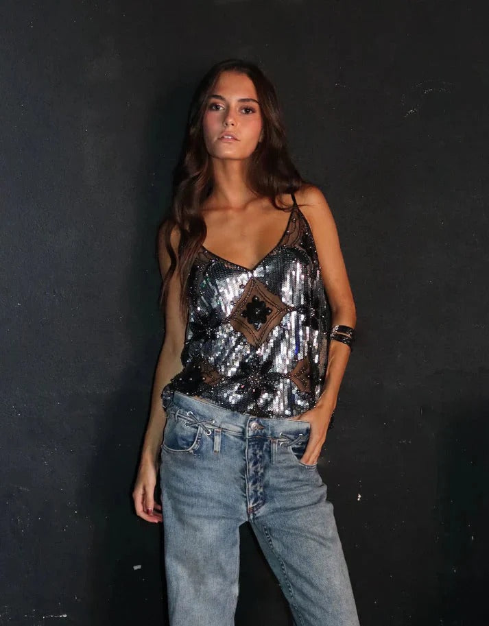 Klara | Top de Fête Sans Manches à Paillettes et Brillants pour Femmes