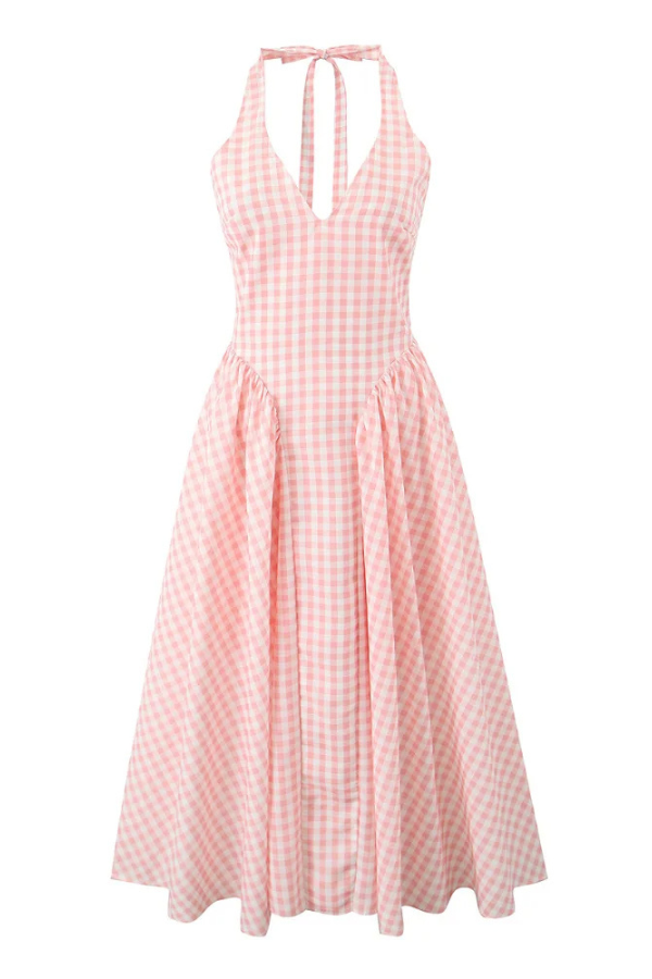 Liora | Robe D'Été Midi à Carreaux Vichy et Col Halter Sans Manches pour Femme