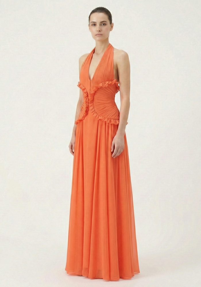 Marlowe | Robe Longue Trapèze à Volants et Licou pour Invitée de Mariage pour Femme
