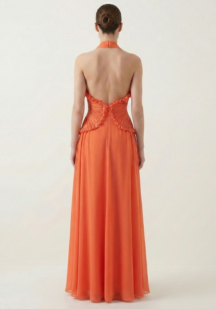 Marlowe | Robe Longue Trapèze à Volants et Licou pour Invitée de Mariage pour Femme