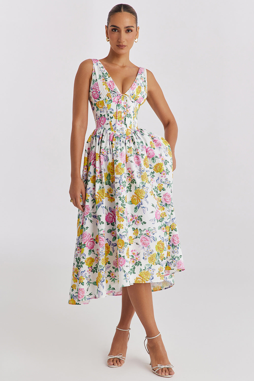 Michelle | Robe Midi Fleurie Sans Manches de Printemps pour Femmes