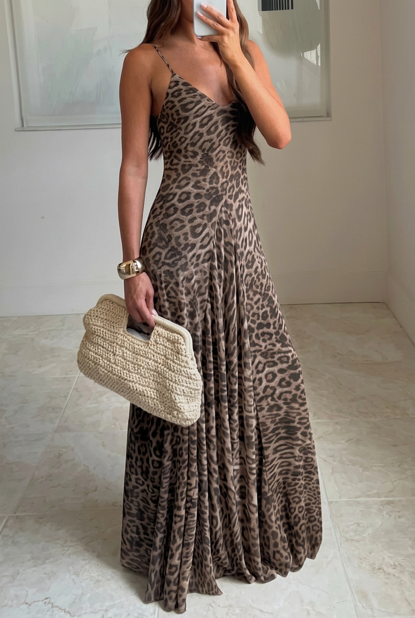 Pixie | Robe D'Été Maxi Fluide à Bretelles Spaghetti et Imprimé Léopard pour Femme