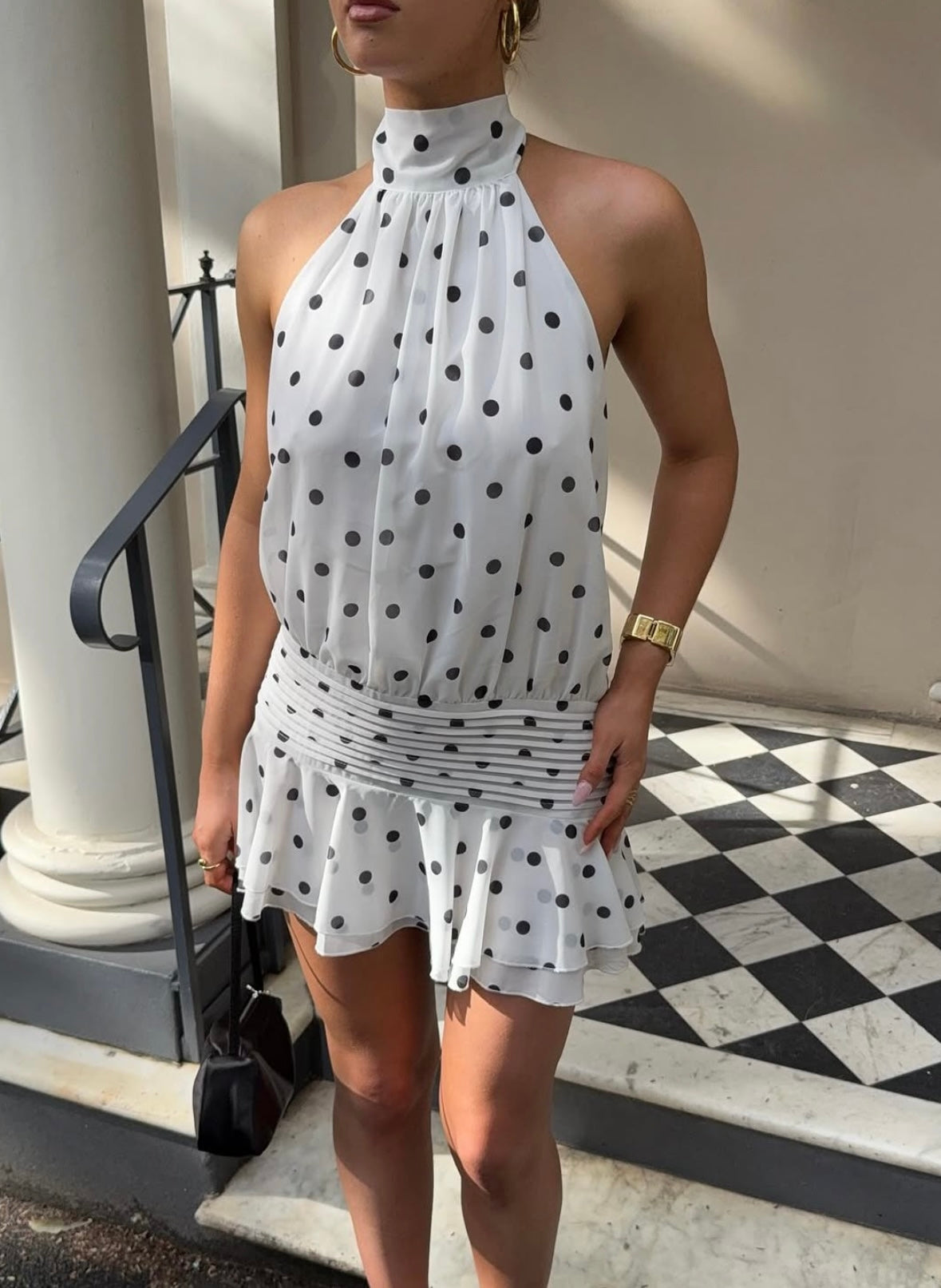 River | Robe Courte dos Nu à Pois Col Montant pour Femme