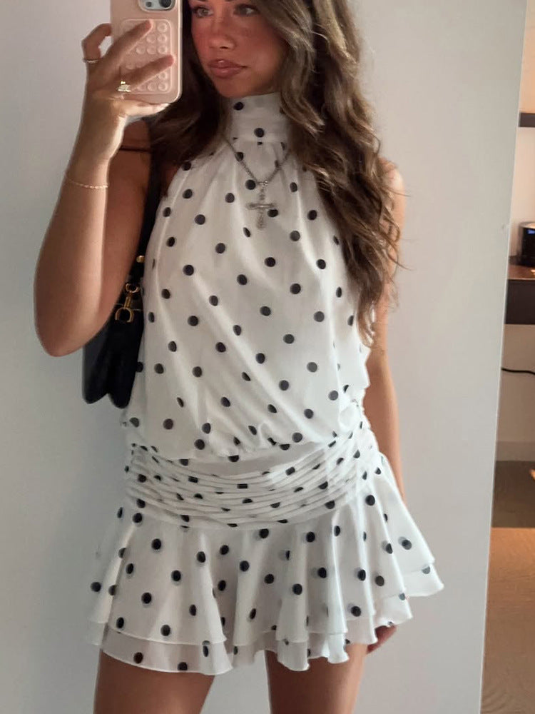 River | Robe Courte dos Nu à Pois Col Montant pour Femme