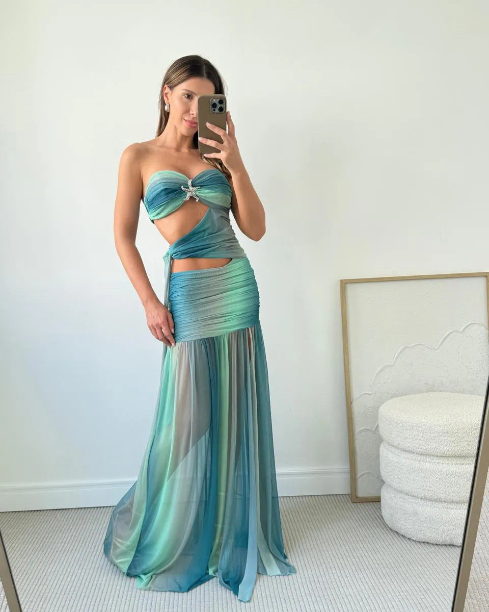 Wren | Robe Maxi Bustier en Mesh à Découpes pour L'Été