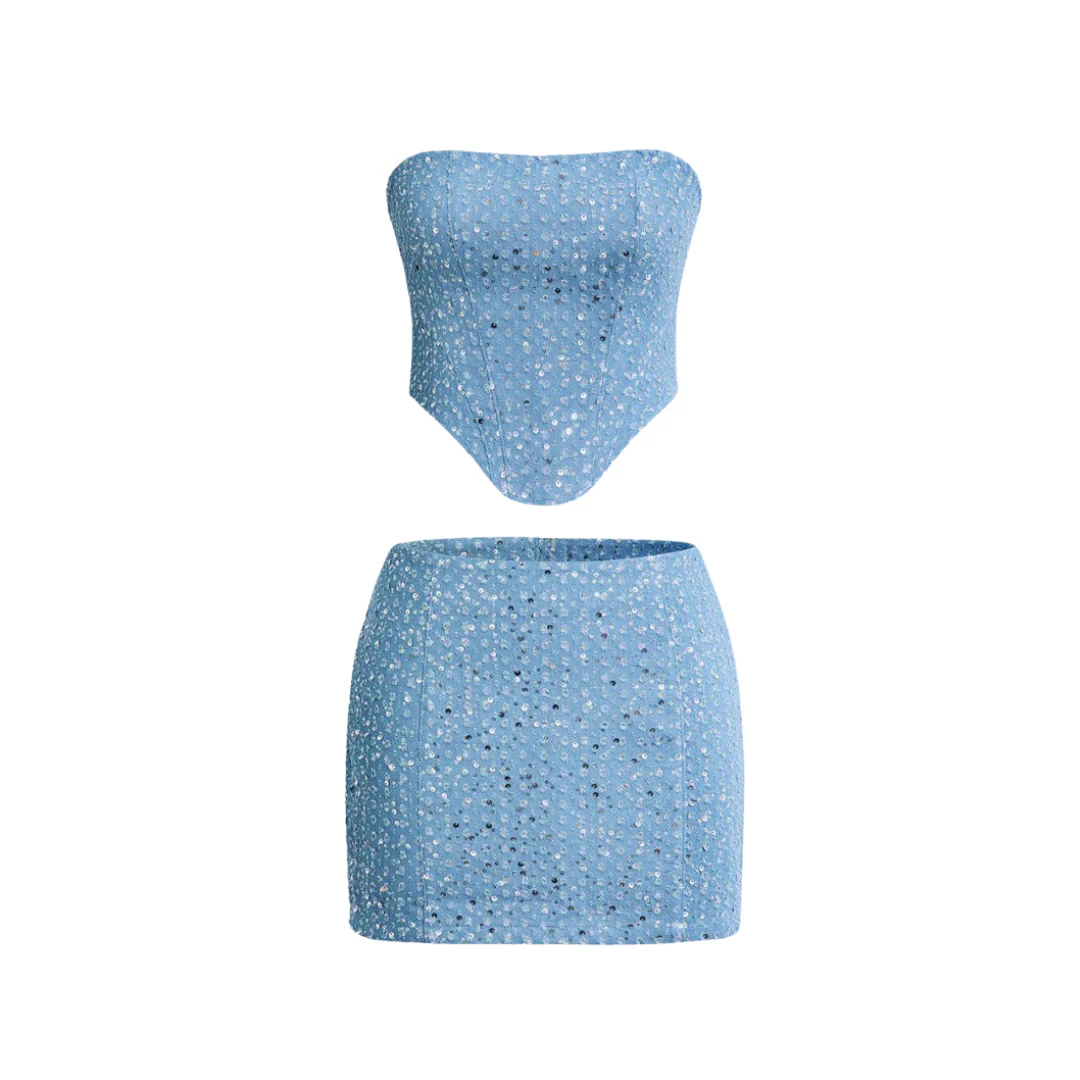 Lauren | Ensemble en Denim Deux Pièces Pailleté et Scintillant pour Femmes