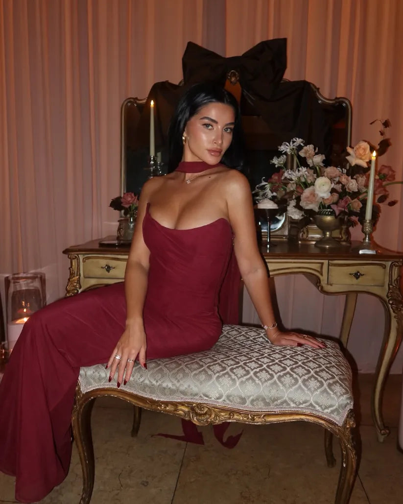 Bindi | Robe Longue Bustier pour Invitée de Mariage Avec Écharpe pour Femme