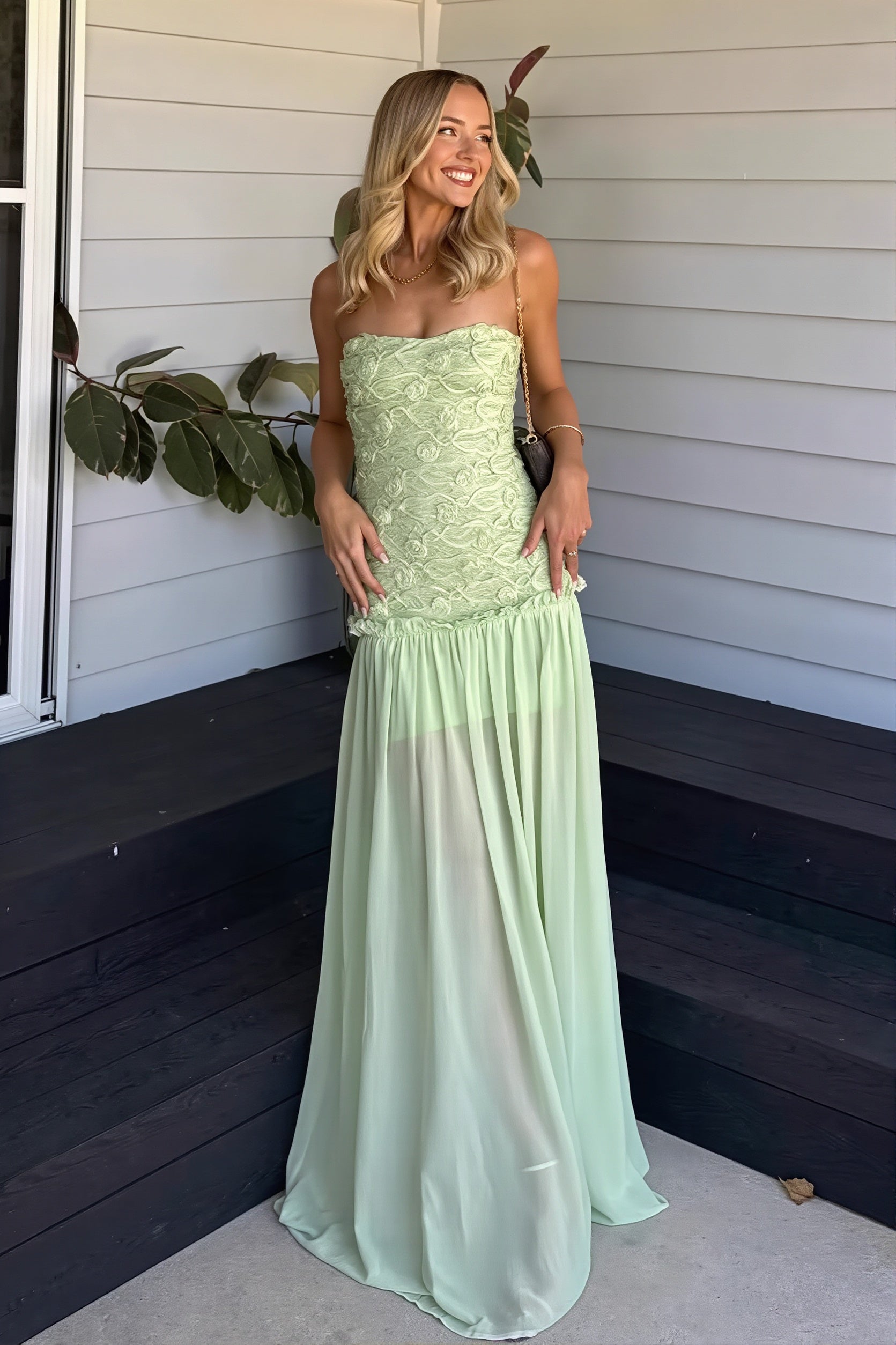 Cleo | Robe Maxi Invitée de Mariage Bustier en Mousseline à Corsage Floral Texturé pour Femme
