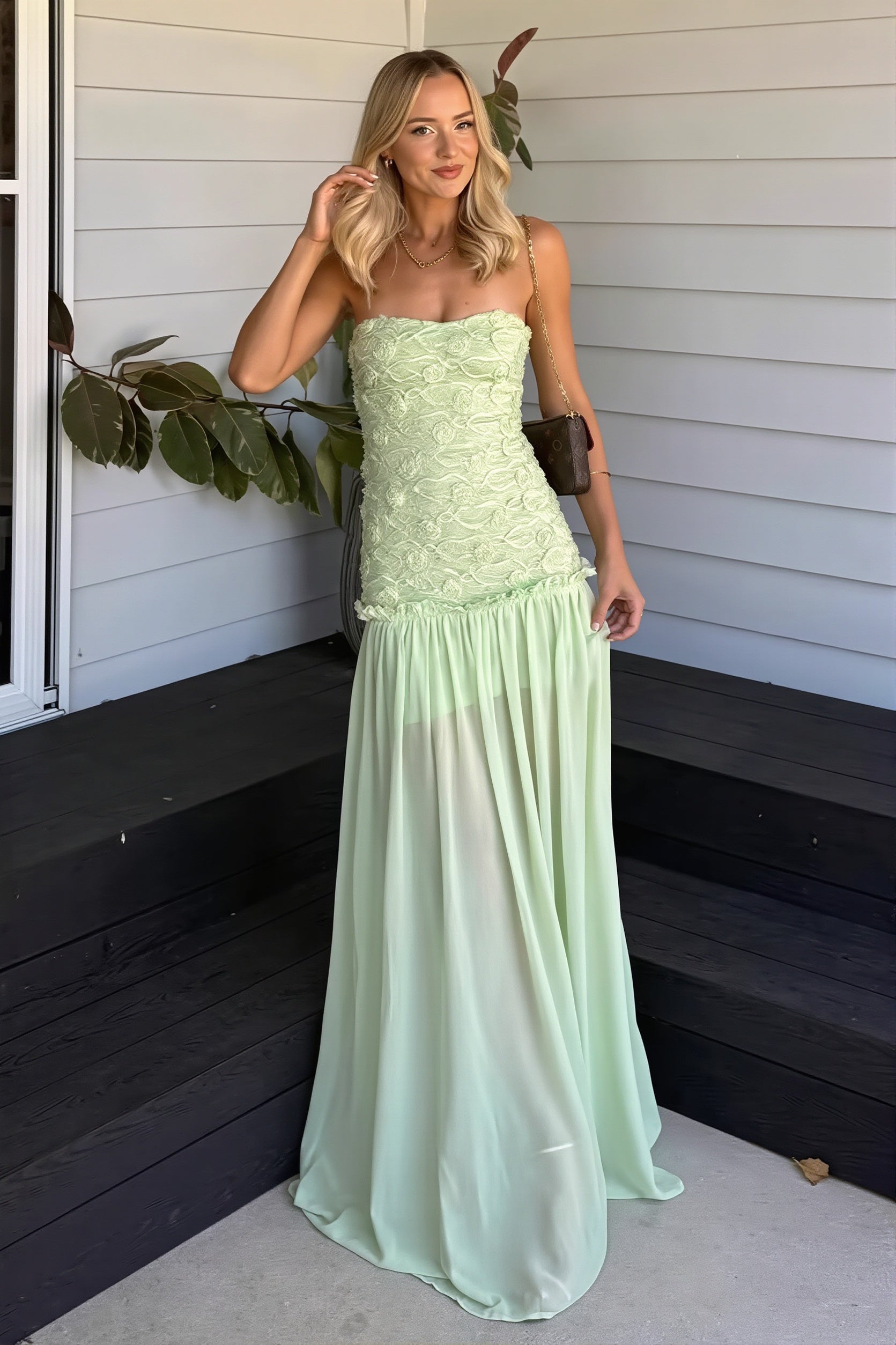 Cleo | Robe Maxi Invitée de Mariage Bustier en Mousseline à Corsage Floral Texturé pour Femme