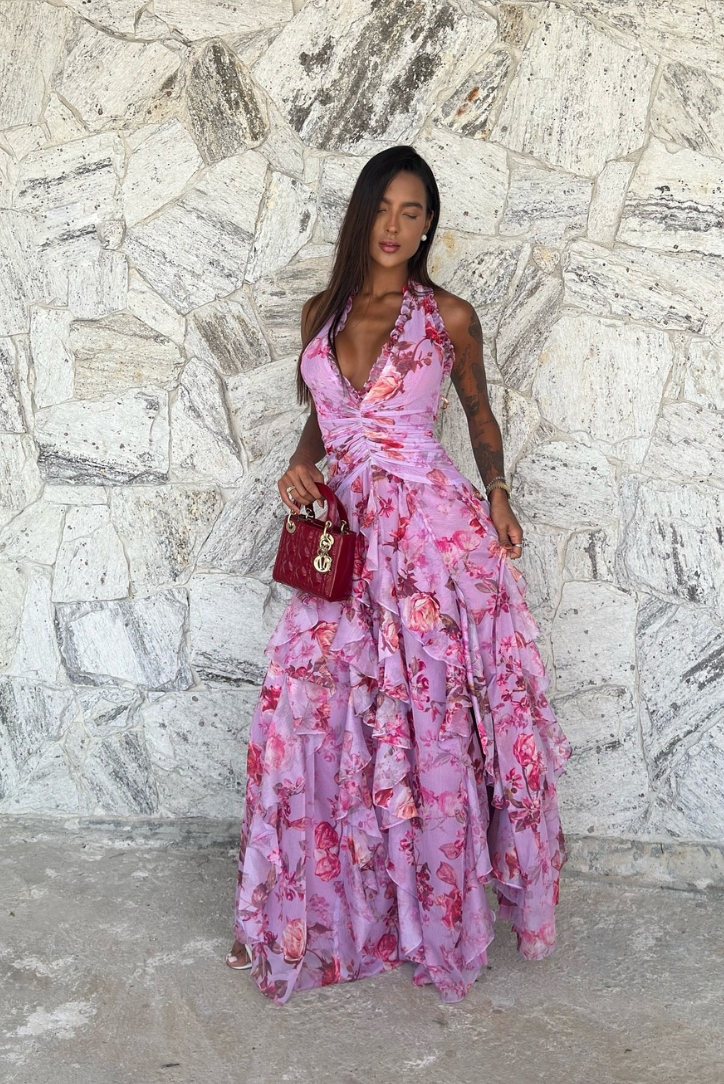 Coral | Robe Longue Florale à Volants Sans Manches pour Invitée de Mariage