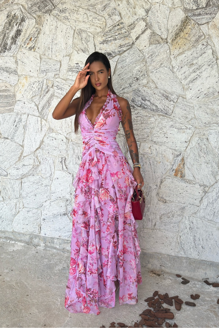 Coral | Robe Longue Florale à Volants Sans Manches pour Invitée de Mariage