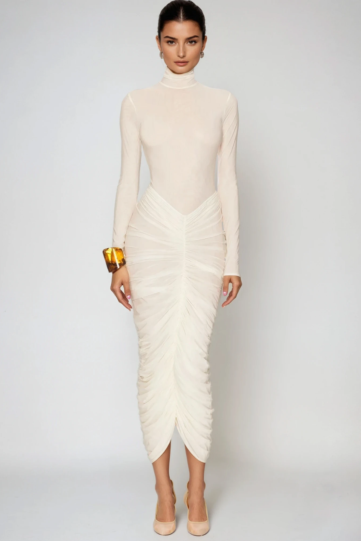 Dahlia | Robe Midi Moulante à Col Montant et Fronces pour Femme