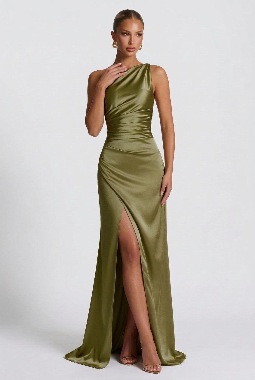 Daphne | Robe de Bal Maxi en Satin à une Épaule Avec Fente pour Femme
