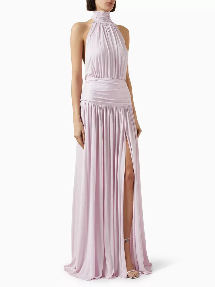 Dorien | Robe de Soirée Maxi Plissée à dos Nu et Fente Sans Manches pour Femme