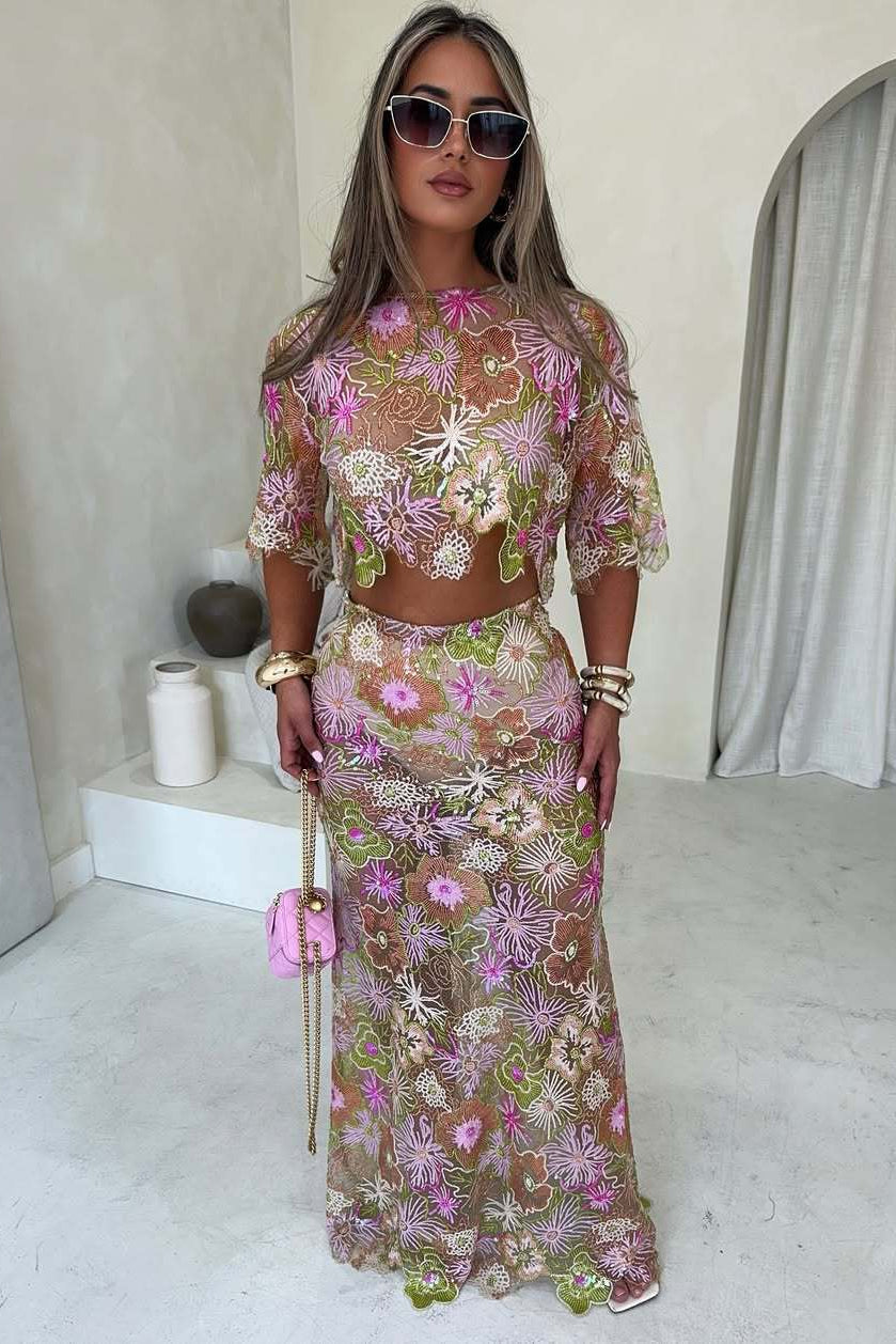Elina | Women's Sequin Embroidered Two-Piece Summer Party Set