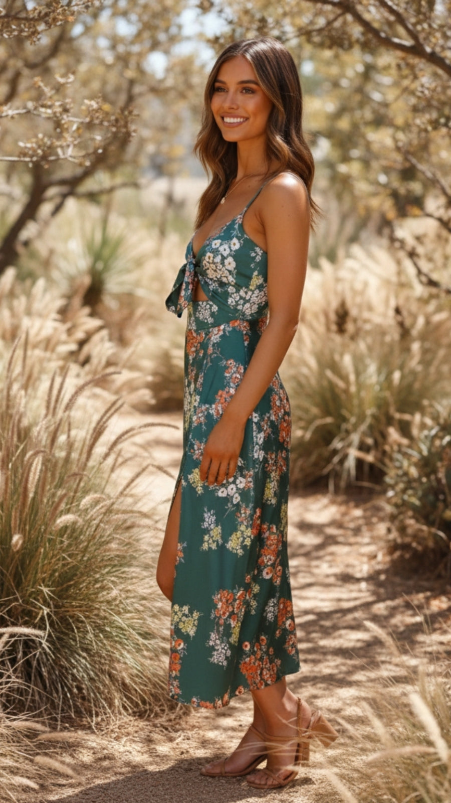 Evelina | Robe D'Été Mi-Longue à Fleurs Sans Manches Avec Fente et Lien sur le Devant pour Femme
