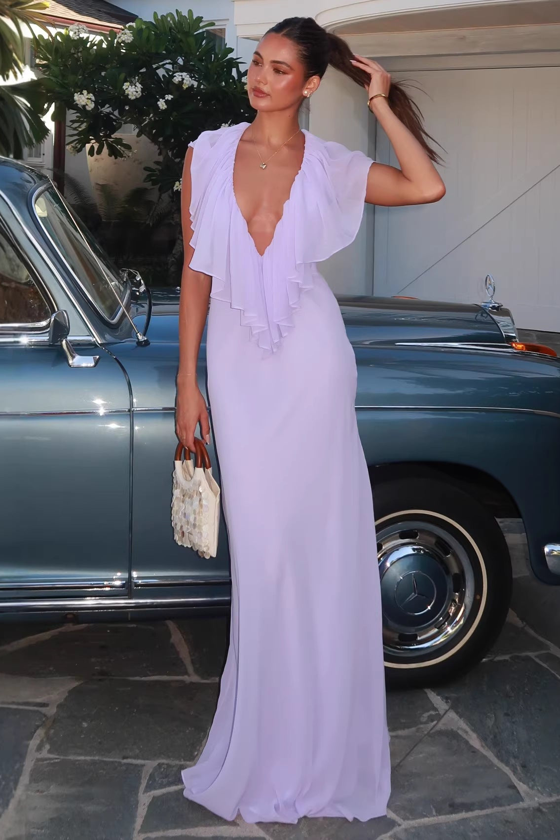 Fallon | Robe de Soirée Maxi D'Invitée de Mariage en Mousseline à Volants Col en V Profond pour Femmes