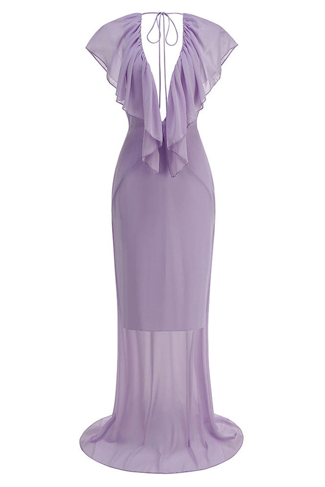 Fallon | Robe de Soirée Maxi D'Invitée de Mariage en Mousseline à Volants Col en V Profond pour Femmes