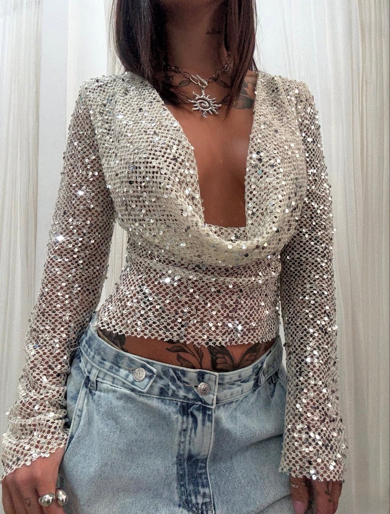 Grace | Crop Top dos Nu en Mesh à Paillettes pour Femme