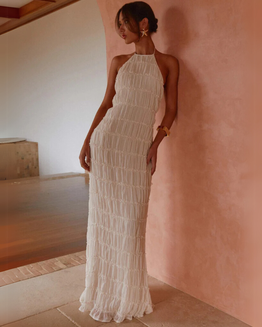 Greta | Robe Longue D'Été dos Nu à Texture Sculptée pour Femmes