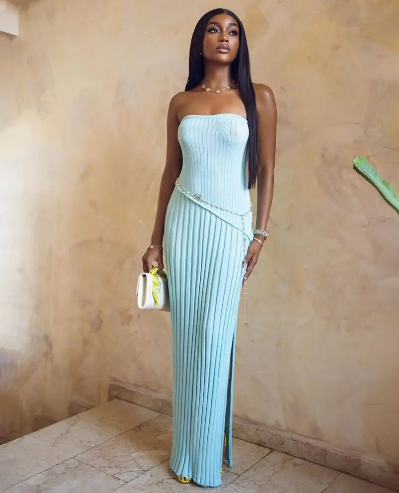 Isadora | Robe Longue D'Été en Maille Sans Bretelles Avec Fente Latérale pour Femme