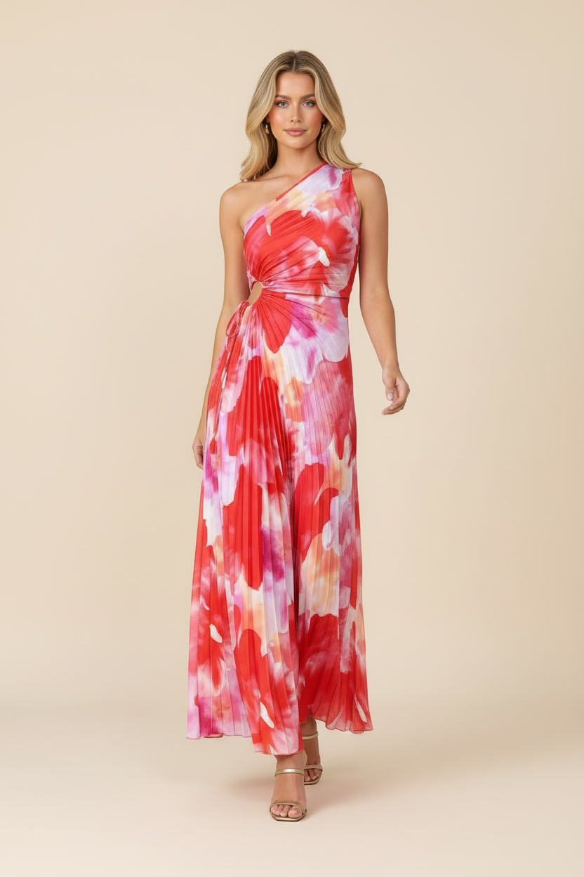 Juniper | Robe de Cocktail Longue Fleurie à Plis et Épaule Unique pour Femme