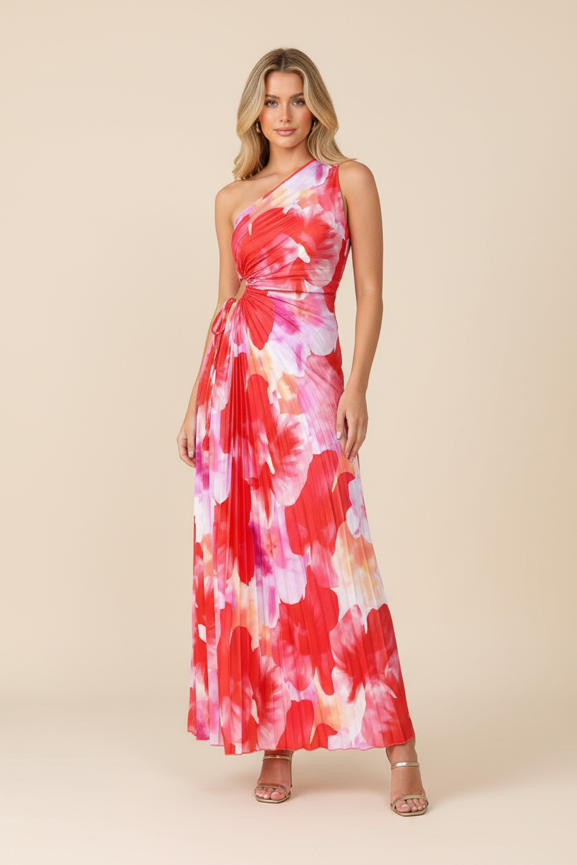 Juniper | Robe de Cocktail Longue Fleurie à Plis et Épaule Unique pour Femme