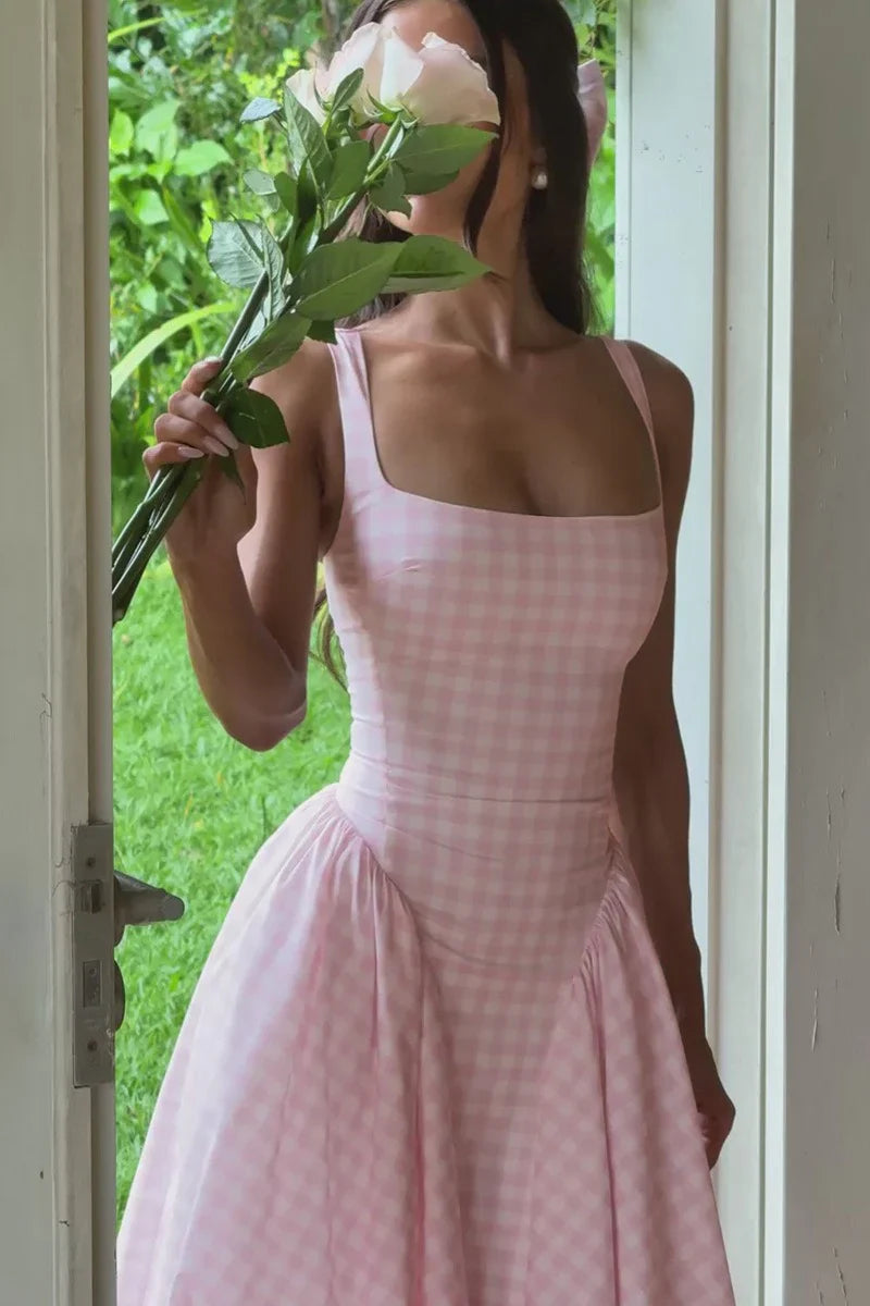 Kaydence | Robe Midi à Carreaux Vichy et Encolure Carrée Sans Manches