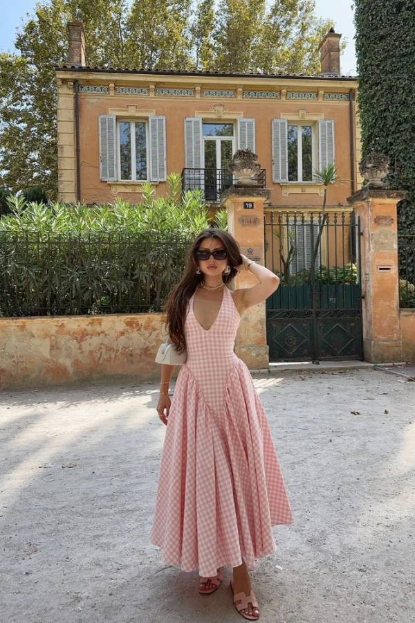 Liora | Robe D'Été Midi à Carreaux Vichy et Col Halter Sans Manches pour Femme