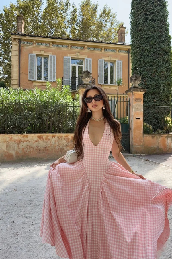 Liora | Robe D'Été Midi à Carreaux Vichy et Col Halter Sans Manches pour Femme