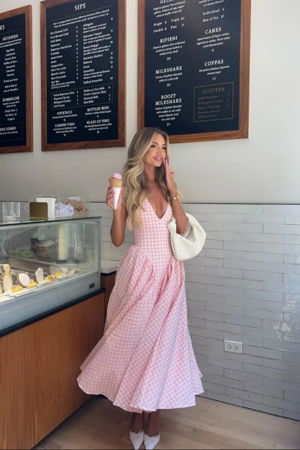 Liora | Robe D'Été Midi à Carreaux Vichy et Col Halter Sans Manches pour Femme