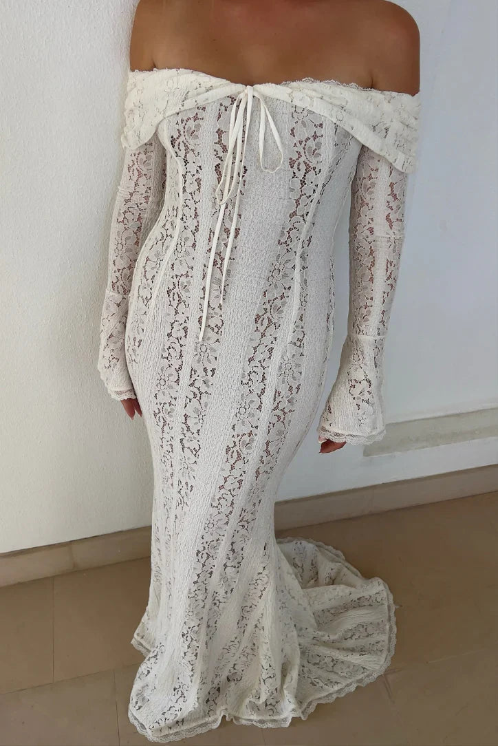 Lucy | Robe D'Été Longue en Dentelle à Épaules Dénudées pour Femme