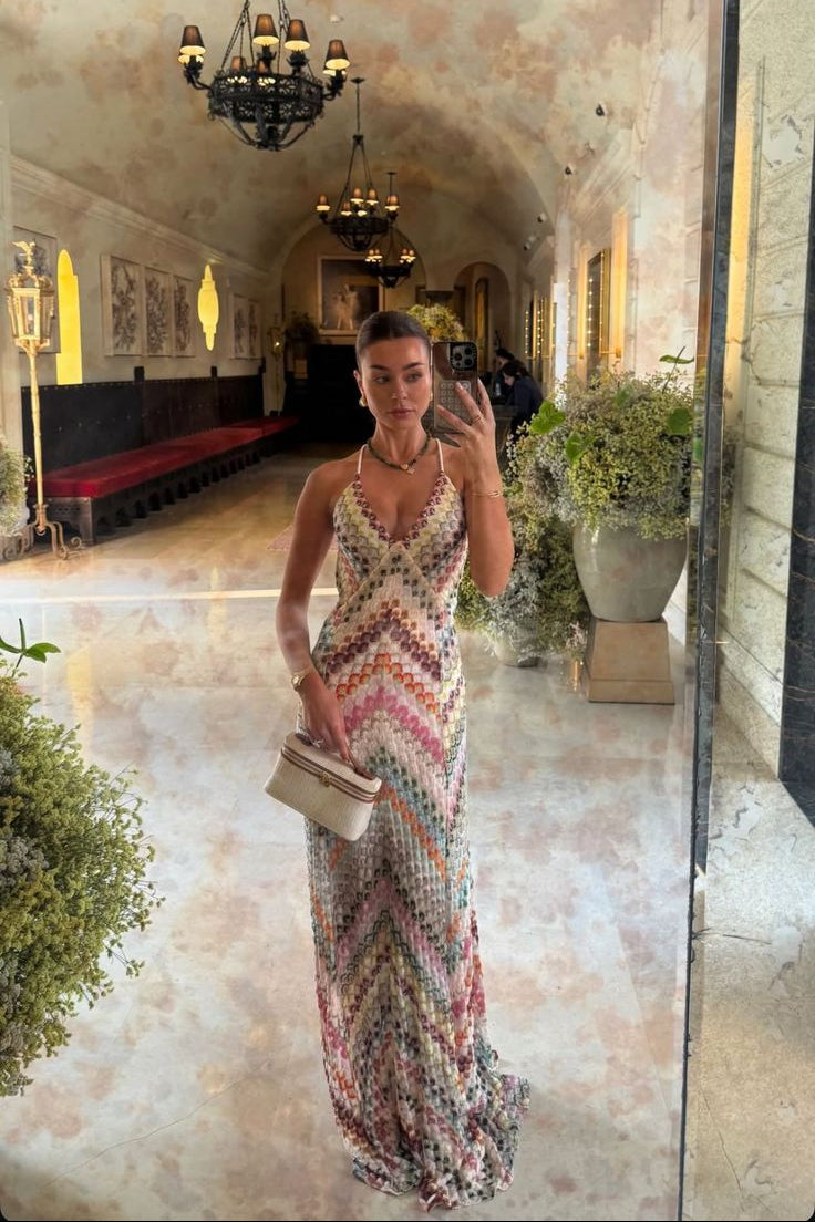 Marie | Robe Longue en Crochet à Fines Bretelles Col en V pour Femme
